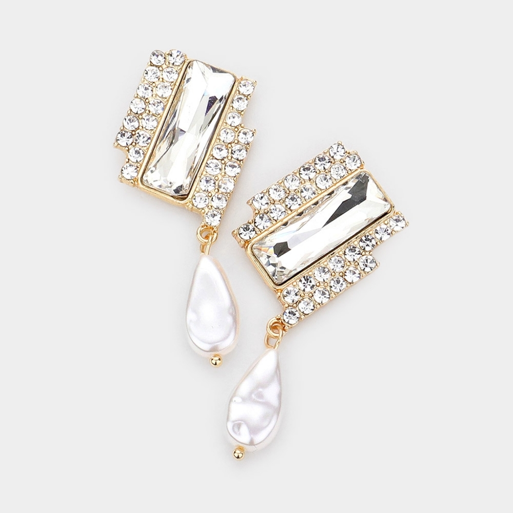 Gold Freshwater Pearl Beaded Crystal Dangle Earrings Drop Rectangle Teardrop